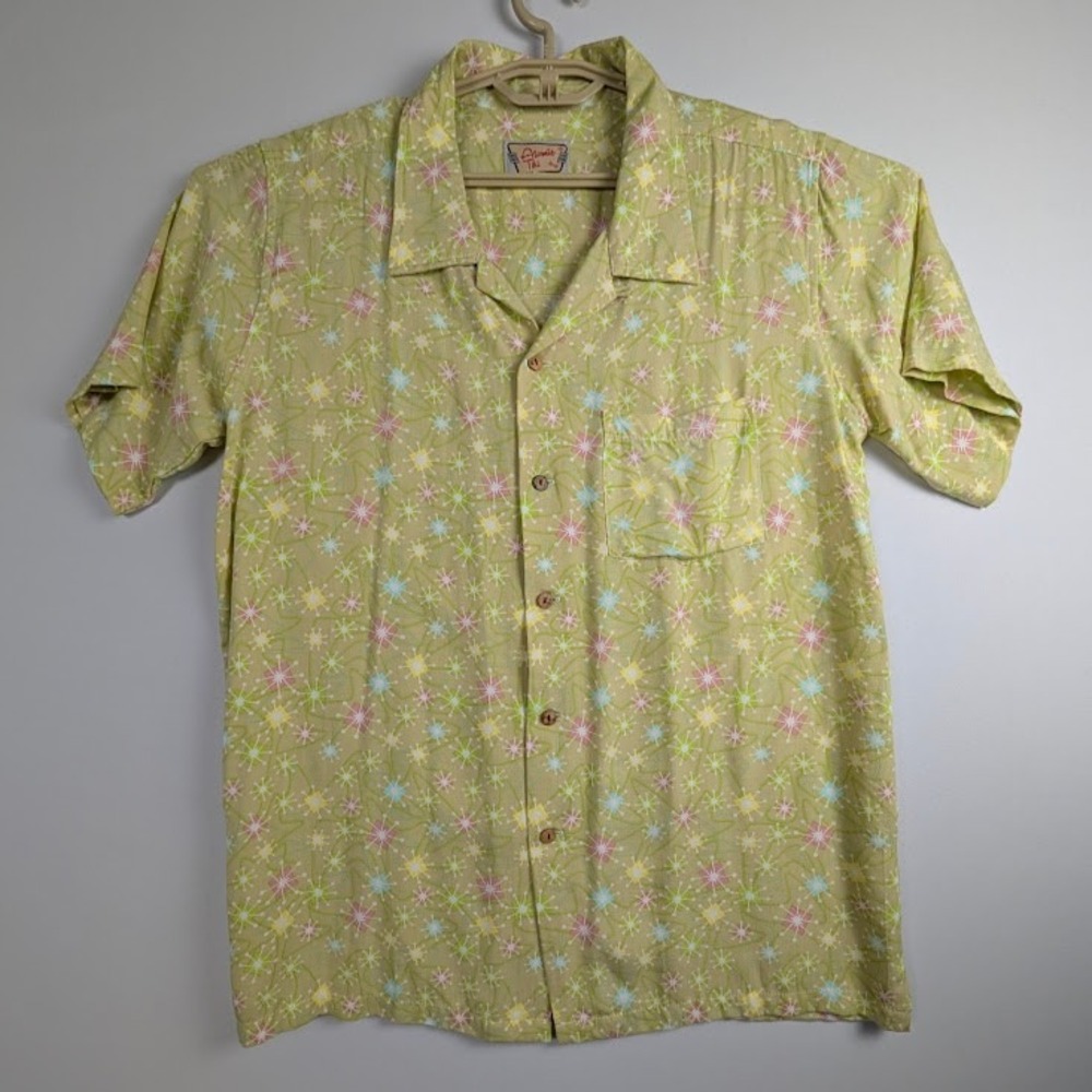Atomic Tiki Mens Large Rayon Camp Shirt Starburst Mid Century Modern Retro Green